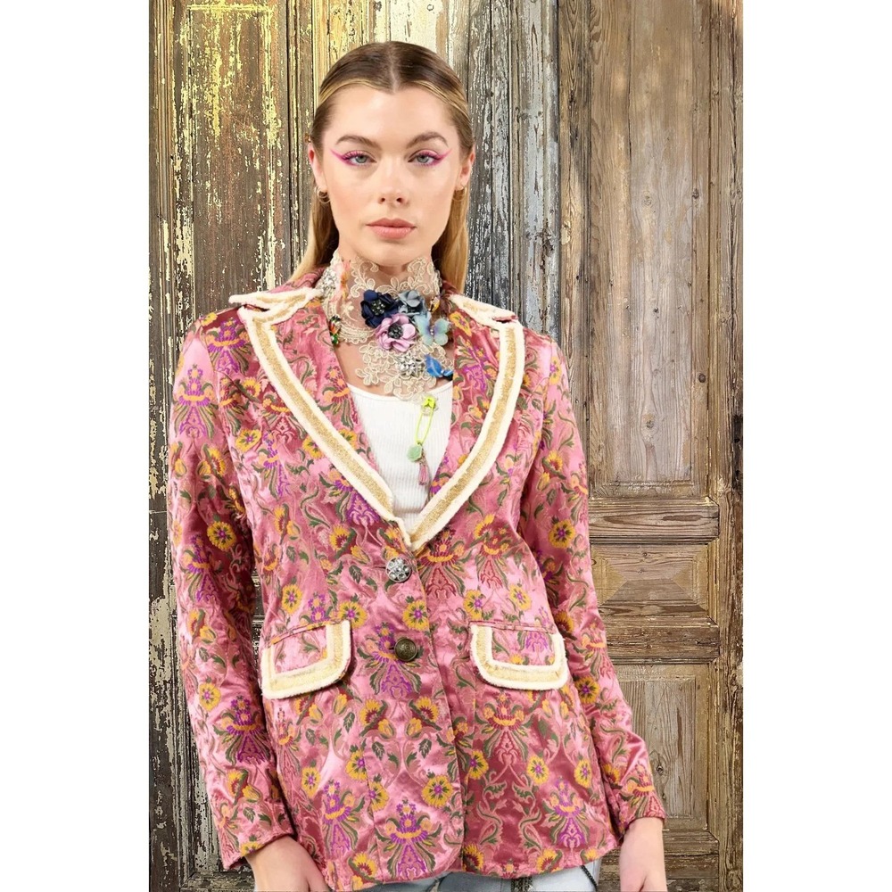 Aratta Silent Journey Renaissance Silk Jacquard Blazer Pink Floral Brocade Sz XS - Picture 2 of 12